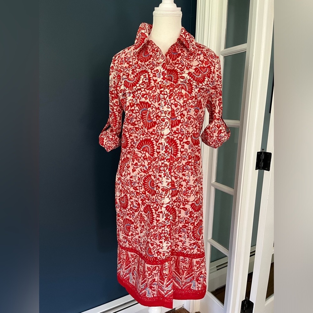 Tory Burch red floral long-sleeve shirt dress Size 2